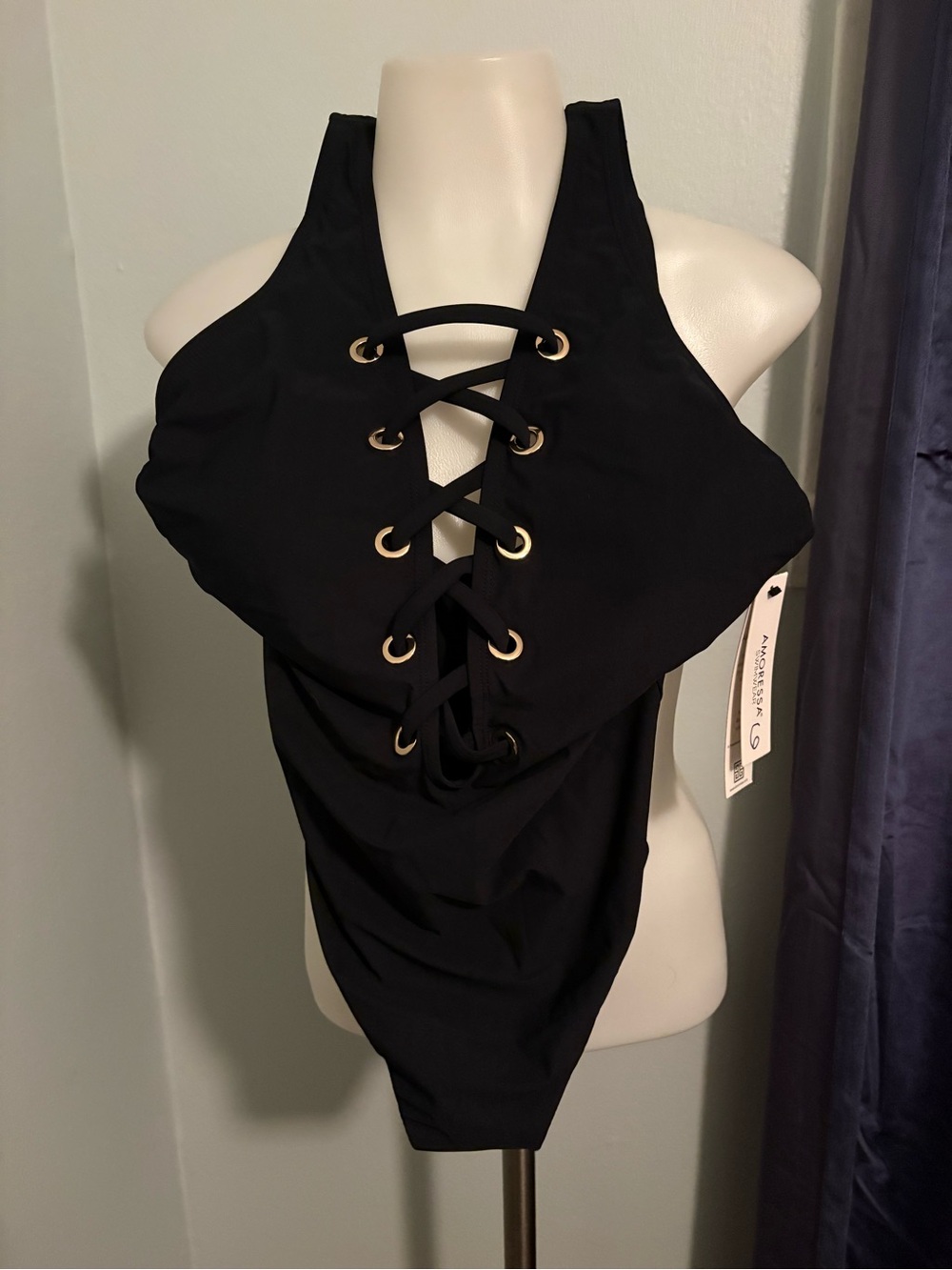 Black Lace-Up Halter One-Piece Swimsuit with Gold Eyelets